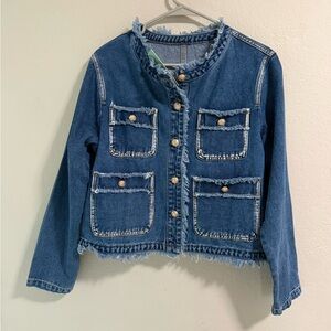Cropped Denim Jacket Frayed Trim Gold Buttons Utility Pockets Size L